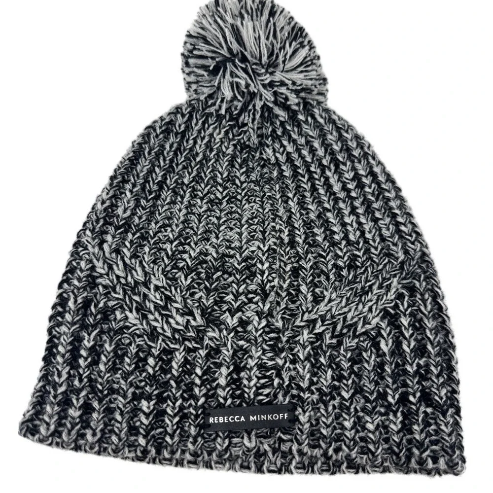 Rebecca Minkoff Black White Marled Knit Pom‎ Pom Beanie Hat
